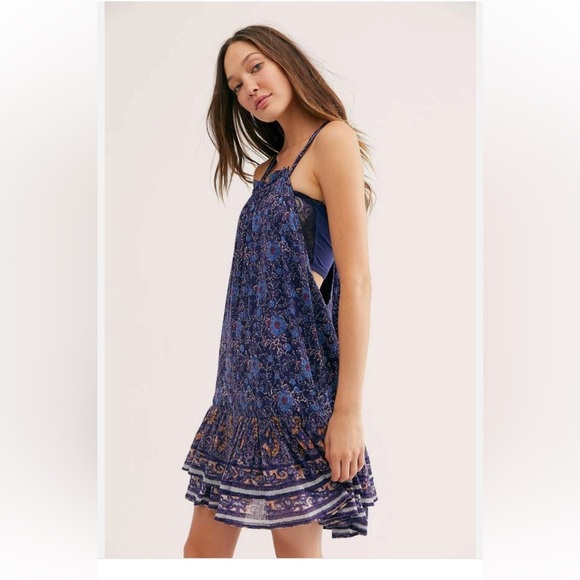 💙 Free People Lyla Swingy Printed Mini Dress 💃 Size S Boho Navy Combo 💫 - Picture 1 of 6
